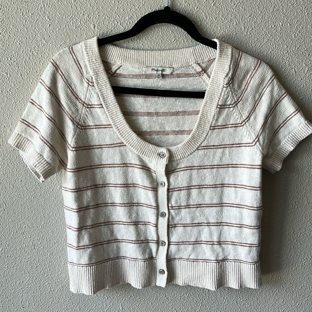 Madewell Linden Scoop Neck Short Sleeve Sweater White Brown Striped XS